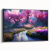 Framed canvas wall art showcasing a vibrant landscape design with lush greenery and colorful flowers, presented in a sleek black frame, perfect for home décor.