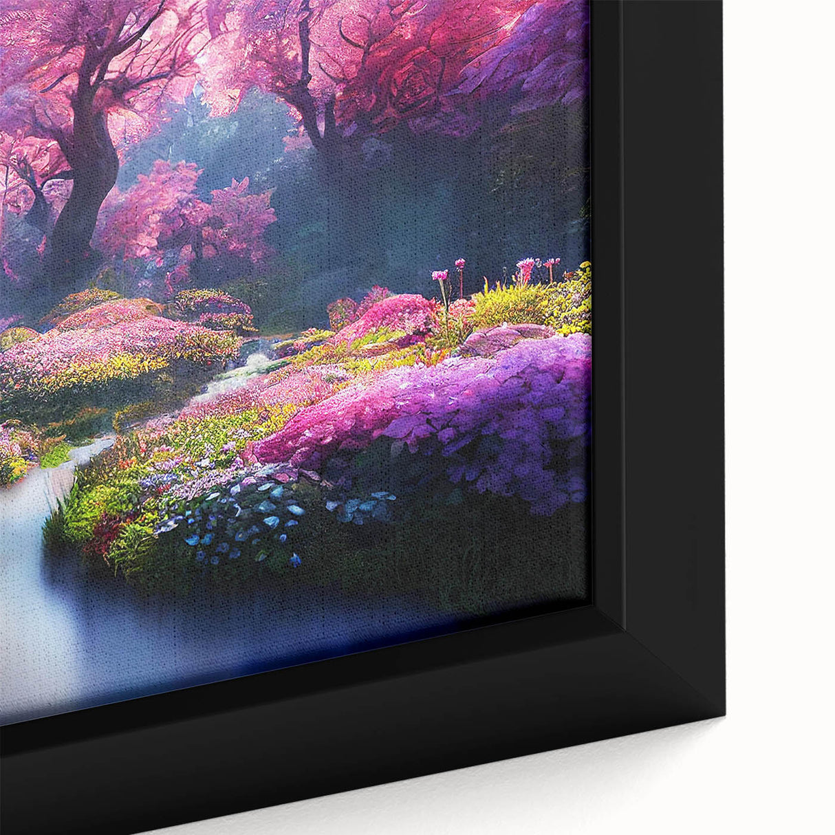 Framed canvas wall art showcasing a vibrant landscape garden design with lush greenery and colorful flowers, perfect for home decor enhancement.