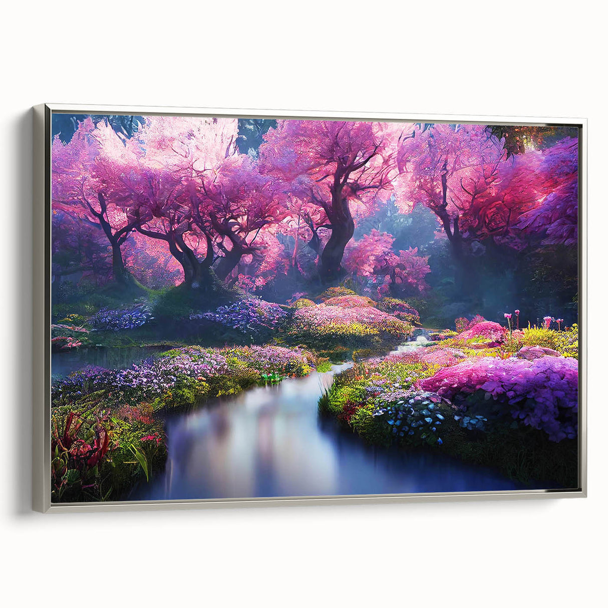 Framed canvas wall art of a serene landscape garden design with a silver frame, showcasing vibrant colors and intricate details, perfect for home decor.