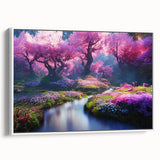 Framed canvas wall art showcasing a serene landscape garden design, featuring vibrant colors and intricate details, displayed from a side view against a white background. Ideal for home decor enthusiasts seeking nature-inspired accents.