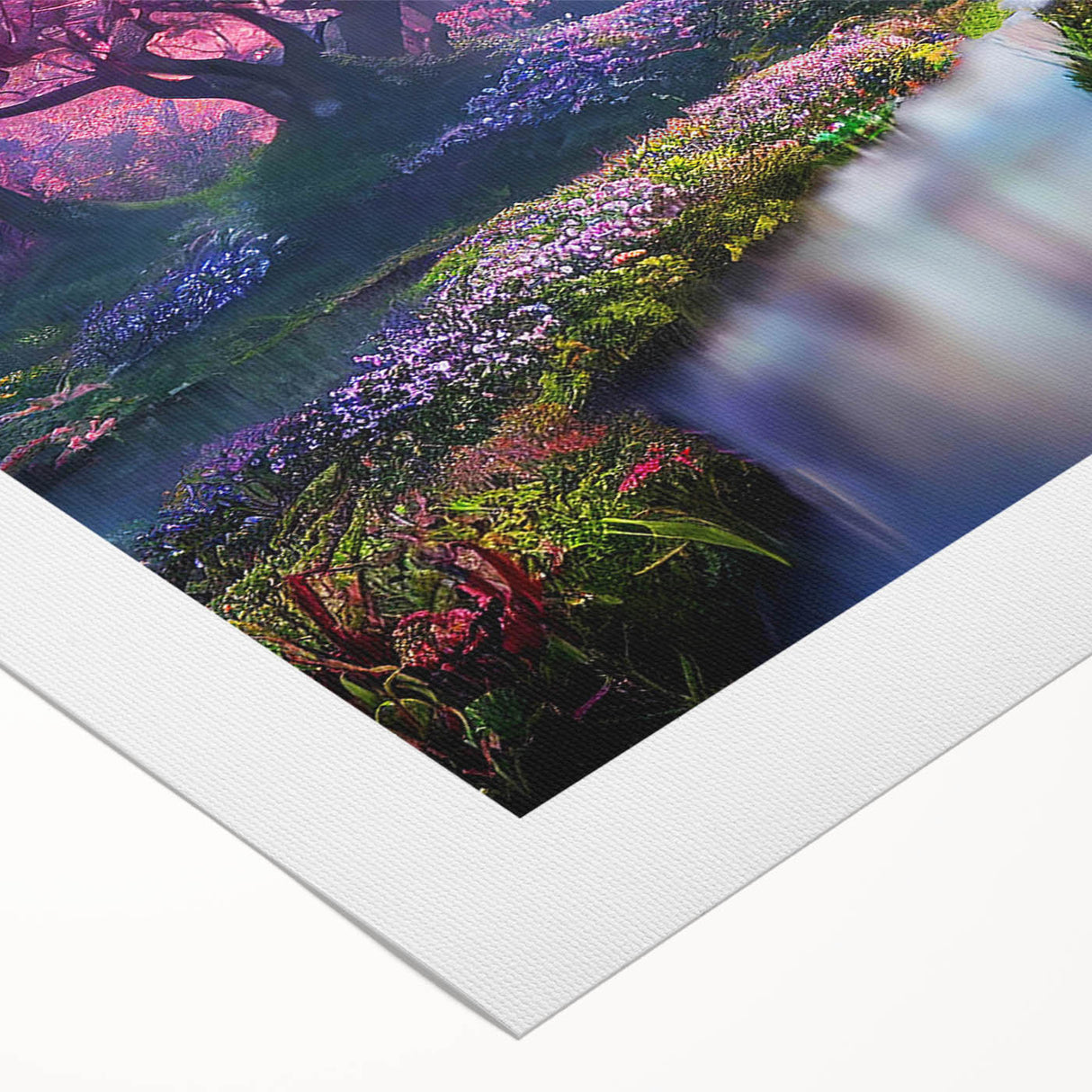 Rolled canvas art print showcasing a vibrant landscape garden design, featuring lush greenery and colorful flowers, ideal for home decor or office settings.