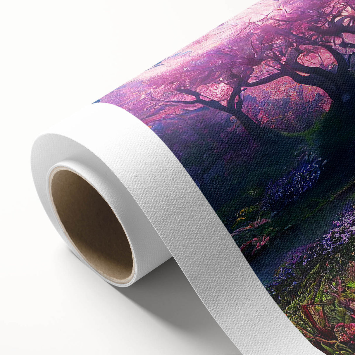Rolled canvas print showcasing a vibrant landscape garden design, featuring lush greenery and colorful blooms, ideal for home decor and wall art enthusiasts.