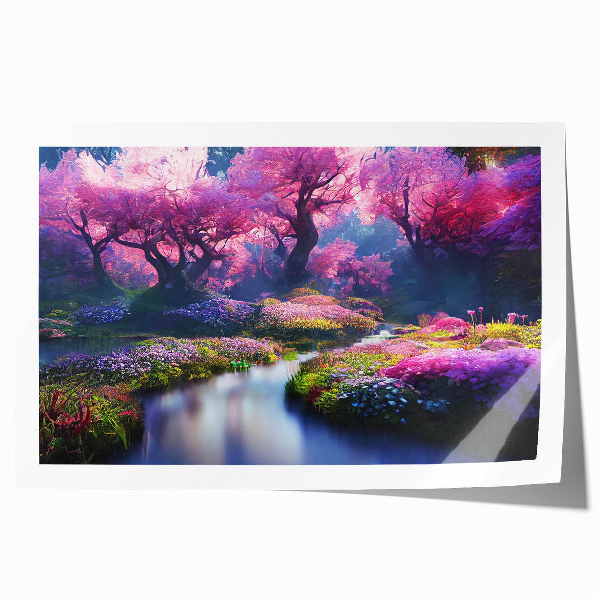 Rolled print of a vibrant landscape garden design showcasing lush greenery and colorful flowers, ideal for home decor. Packaged securely in a tube for protection.