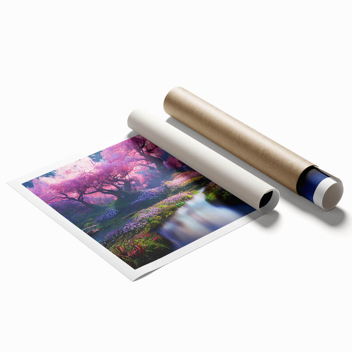 Vibrant rolled print showcasing a stunning landscape garden design, ideal for home decor, featuring rich colors and intricate details, packaged securely for delivery.