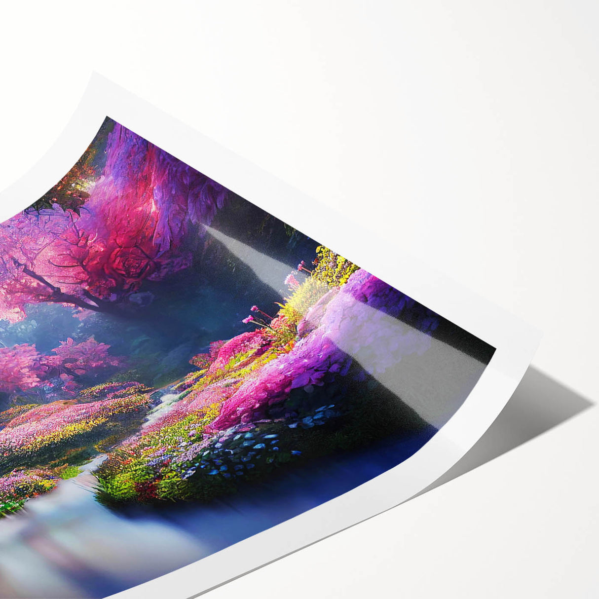 Vibrant rolled print showcasing a stunning landscape garden design, featuring lush greenery and colorful flowers, perfect for home decor. Packaged securely in a cardboard tube for safe delivery.