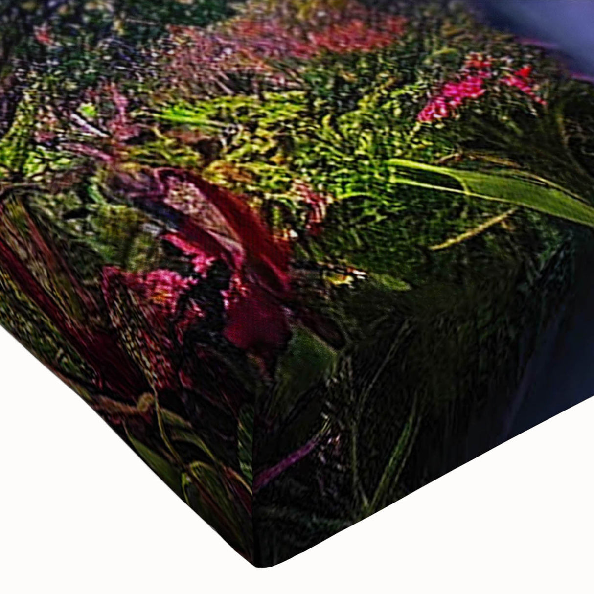 Close-up of a stretched canvas featuring a vibrant landscape garden design, showcasing rich colors and intricate details, perfect for home decor enhancement.