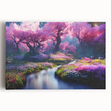 Stretched canvas wall art showcasing a vibrant landscape garden design, featuring lush greenery and colorful flowers, perfect for home decor enhancement.