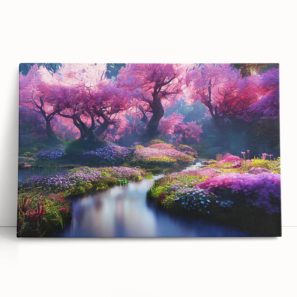Stretched canvas wall art of vibrant landscapes and gardens design, showcasing lush greenery and colorful flowers, ideal for home decor enhancement.