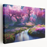 Stretched canvas print showcasing a vibrant landscape garden design in rich greens and blues, ideal for home decor, enhancing any room's ambiance.