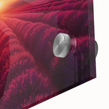 Close-up of a vibrant acrylic glass wall art piece showcasing a stunning landscape design, featuring lush greenery and colorful floral elements, perfect for modern home decor.