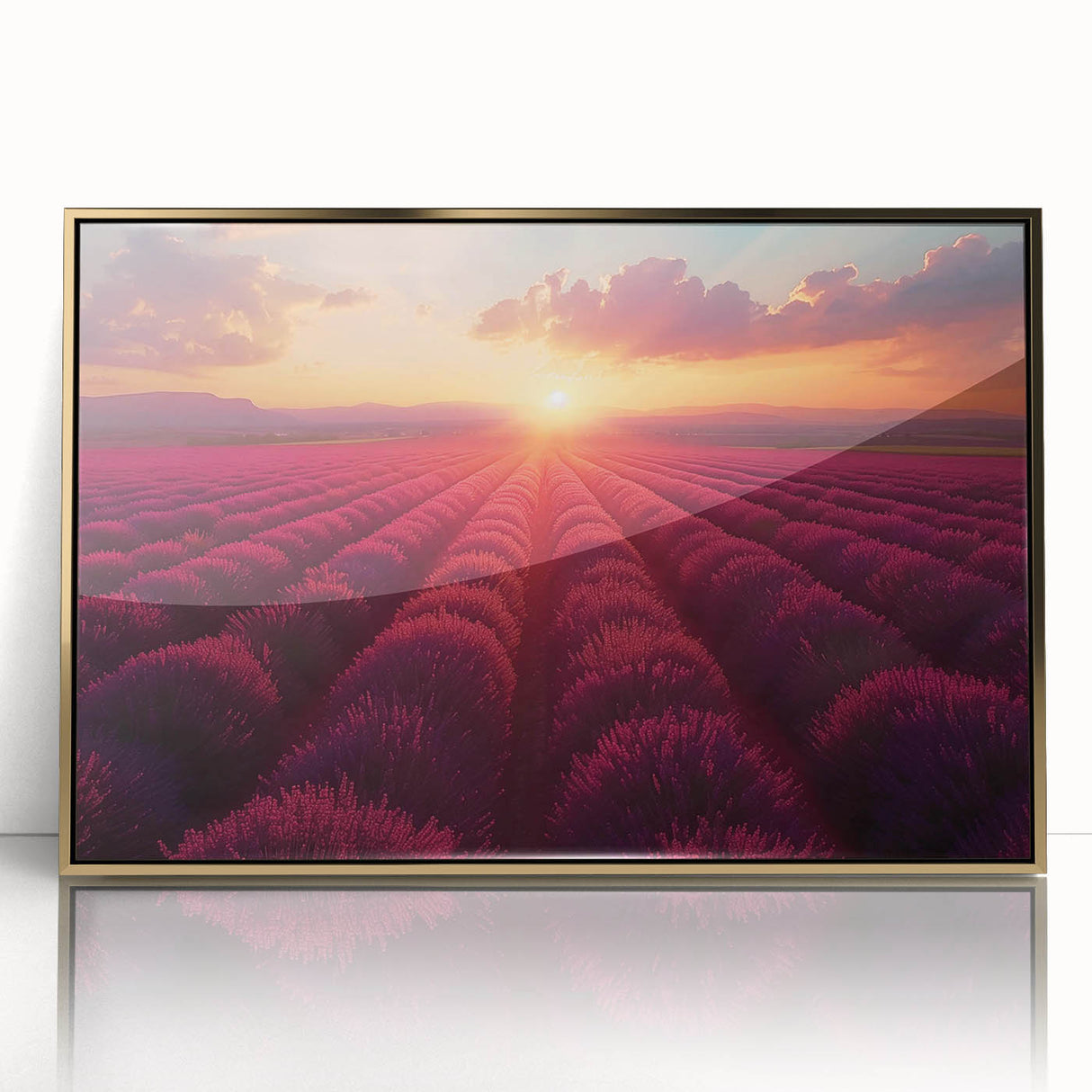 Framed acrylic wall art collection showcasing a vibrant landscape garden design in gold tones, perfect for enhancing modern home decor and interior aesthetics.