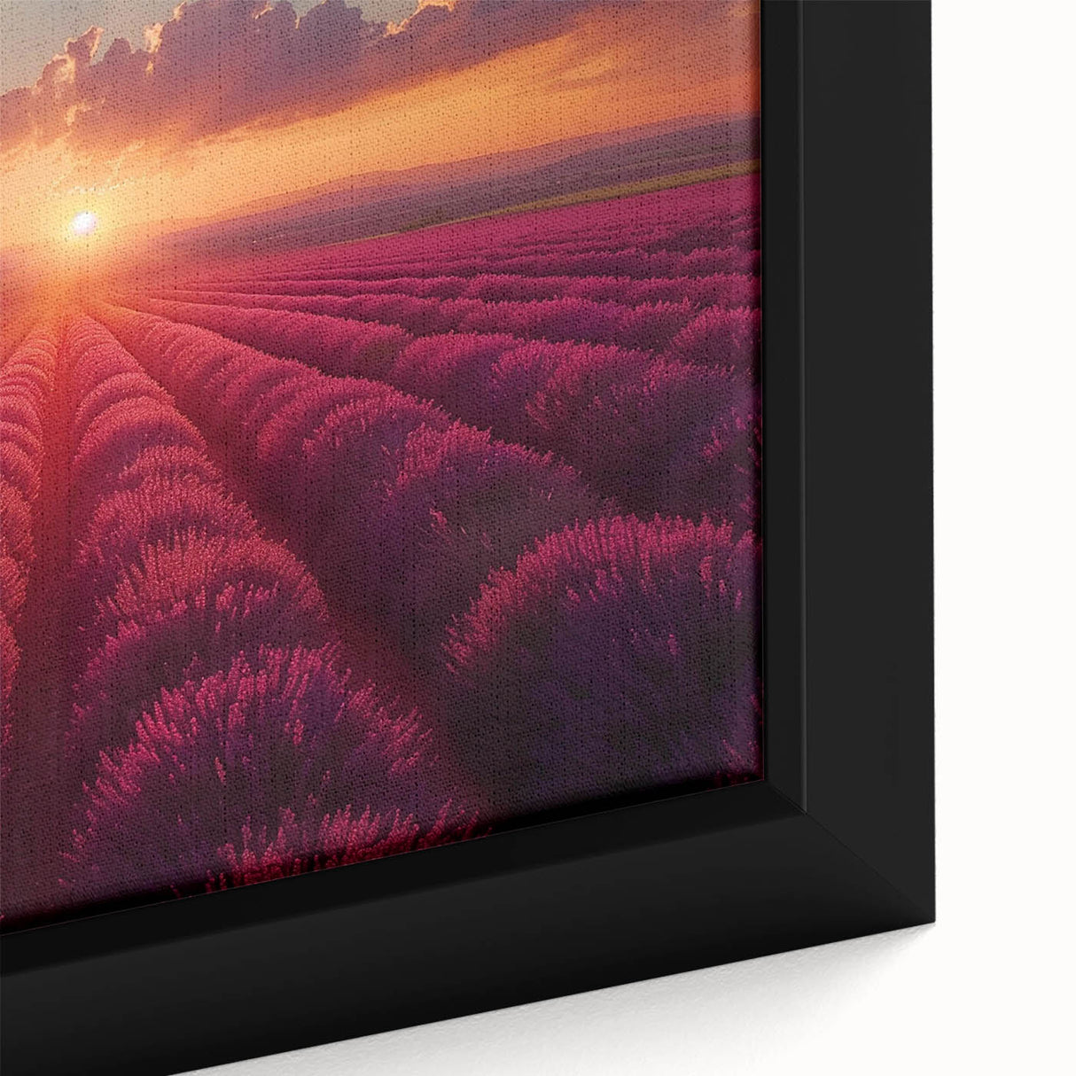 Framed canvas wall art featuring a vibrant landscape garden design with rich colors, showcasing intricate details and textures, ideal for home decor.