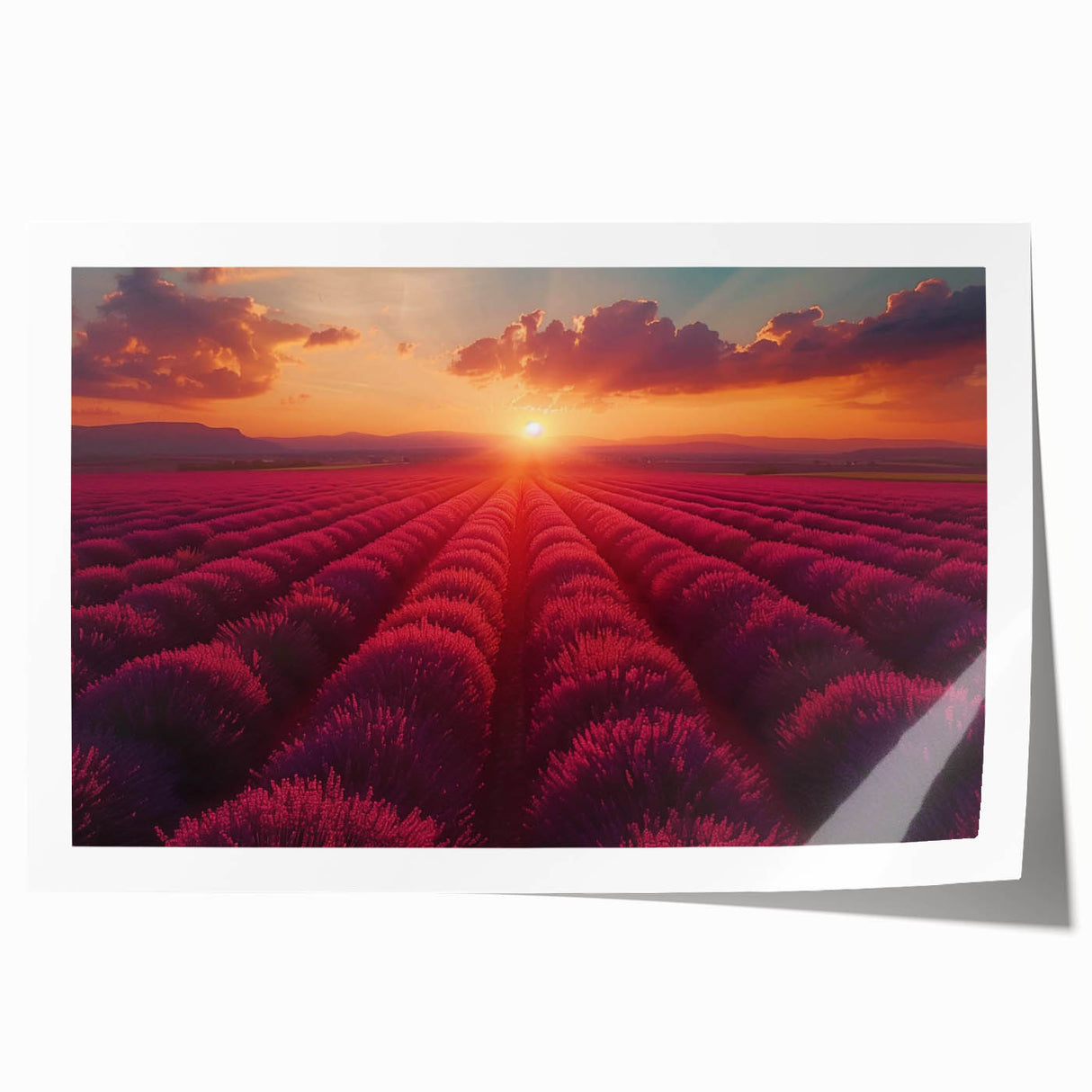 Vibrant rolled print showcasing a serene landscape garden design, featuring lush greenery and colorful flowers, perfect for home decor or office ambiance.