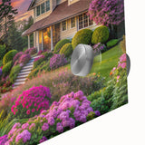 Close-up of a vibrant acrylic glass wall art piece showcasing a lush garden landscape design, featuring rich greens and colorful floral accents, perfect for home decor.