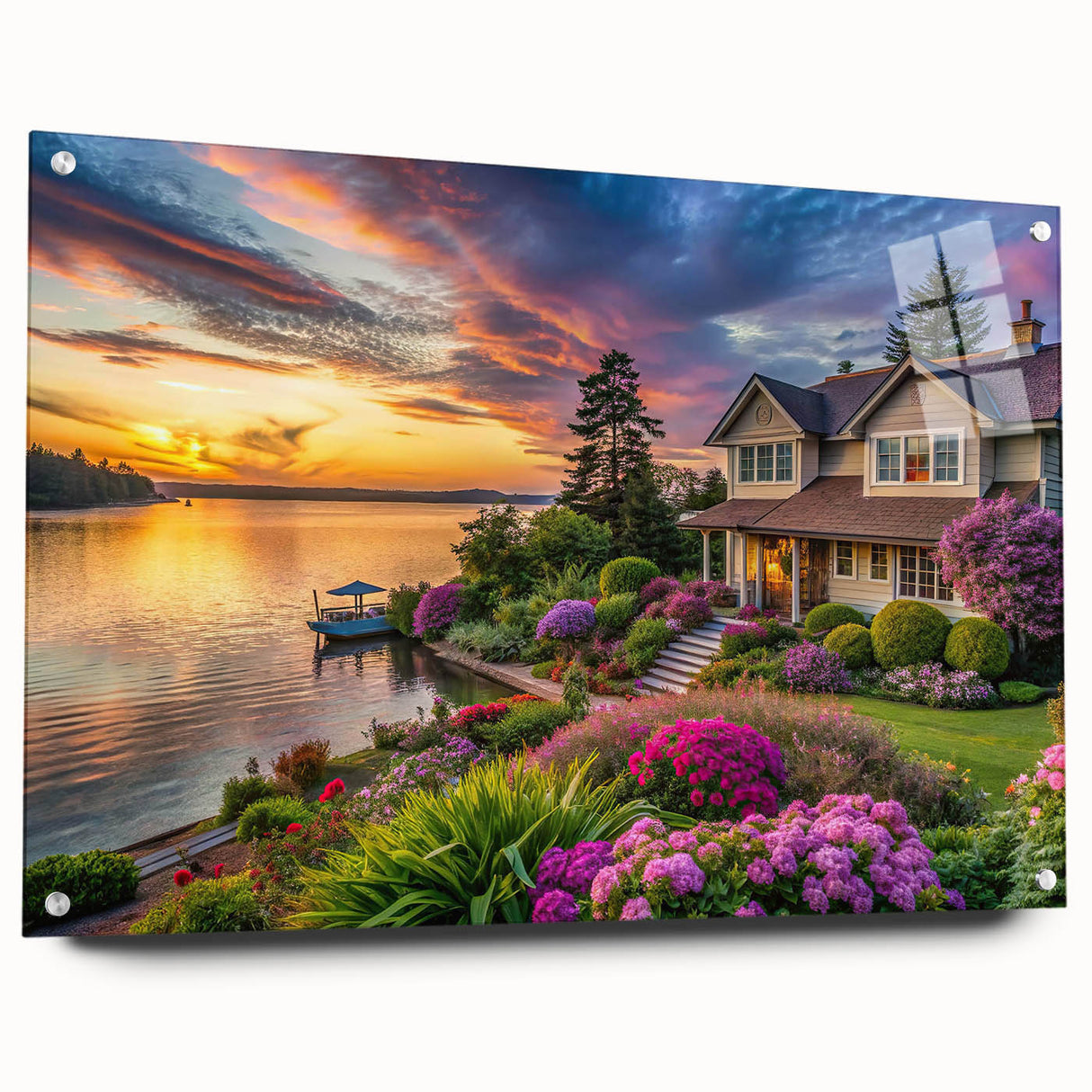 Acrylic wall art display showcasing a vibrant landscape garden design, featuring rich colors and intricate details, mounted on a sleek glass frame with visible pins for a modern aesthetic. Ideal for enhancing home decor with nature-inspired themes.