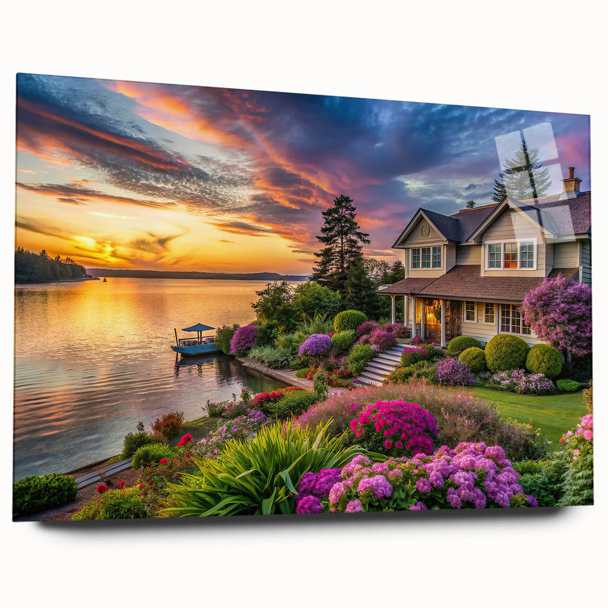 Acrylic wall art piece showcasing a vibrant landscape garden design, displayed in a side view without pins, emphasizing the vivid colors and intricate details of the artwork.