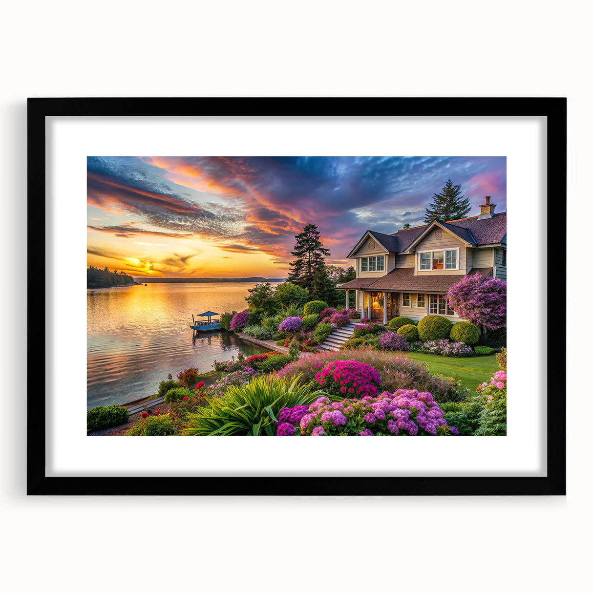 Framed wall art collection showcasing a serene landscape design with lush greenery and vibrant colors, featuring a sleek black frame and white matting, perfect for home decor.