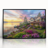 Framed acrylic wall art showcasing a vibrant landscape garden design, featuring lush greenery and colorful flowers, presented in a sleek black frame for a modern aesthetic.