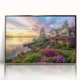 Framed wall art showcasing a vibrant landscape garden design, featuring rich greens and gold accents, perfect for modern home decor. Ideal for adding elegance to living spaces.