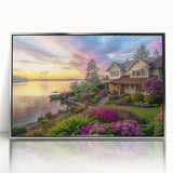 Framed wall art collection showcasing a serene landscape garden design, featuring vibrant colors and intricate details, presented in a sleek silver frame.