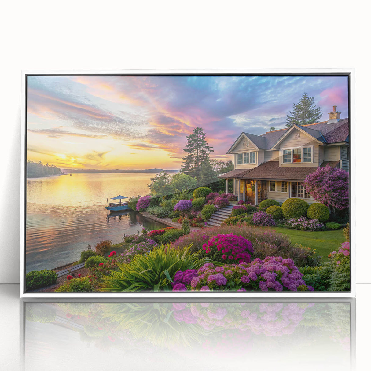 Framed acrylic wall art showcasing a vibrant landscape garden design, with a white frame, enhancing any modern decor. Ideal for nature lovers seeking home inspiration.