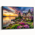 Framed canvas wall art showcasing a vibrant landscape garden design with lush greenery and colorful flowers, featuring a sleek black frame and side view display.