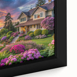 Framed canvas art piece showcasing a vibrant landscape garden design, featuring lush greenery and colorful flowers, perfect for home decor enhancement.
