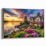 Framed canvas wall art showcasing a stunning landscape garden design with vibrant colors and intricate details, elegantly displayed with a gold frame, ideal for home decor.