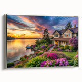 Framed canvas artwork showcasing a serene landscape garden design, featuring vibrant colors and intricate details, with a sleek silver frame enhancing its elegance. Ideal for home decor in modern or minimalist settings, this piece adds a touch of tranquility to any space.