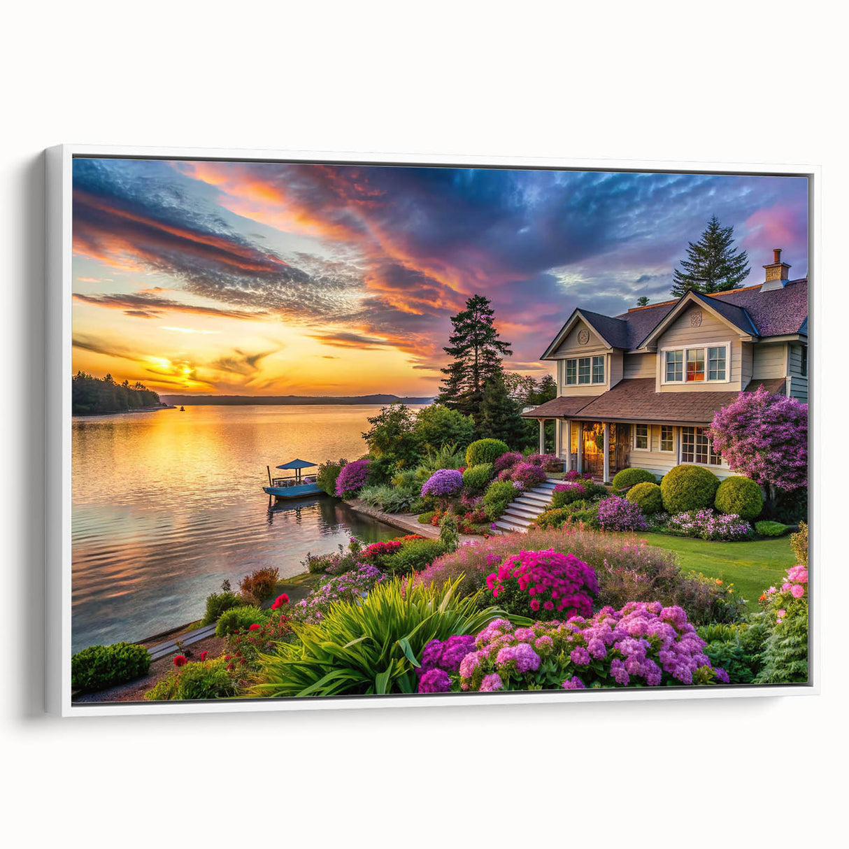 Framed canvas wall art showcasing a serene landscape design with vibrant greenery and soft pastel colors, elegantly displayed from a side view against a white backdrop.