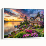 Framed canvas wall art showcasing a serene landscape design with vibrant greenery and soft pastel colors, elegantly displayed from a side view against a white backdrop.