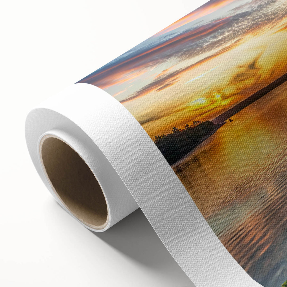 Rolled canvas artwork showcasing a vibrant garden landscape design in rich greens and blues, elegantly displayed for home decor. Perfect for nature lovers.