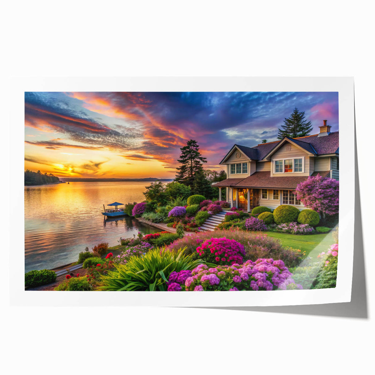 Vibrant rolled print showcasing a serene landscape garden design with lush greenery and colorful flowers, ideal for home decor and enhancing interior spaces.