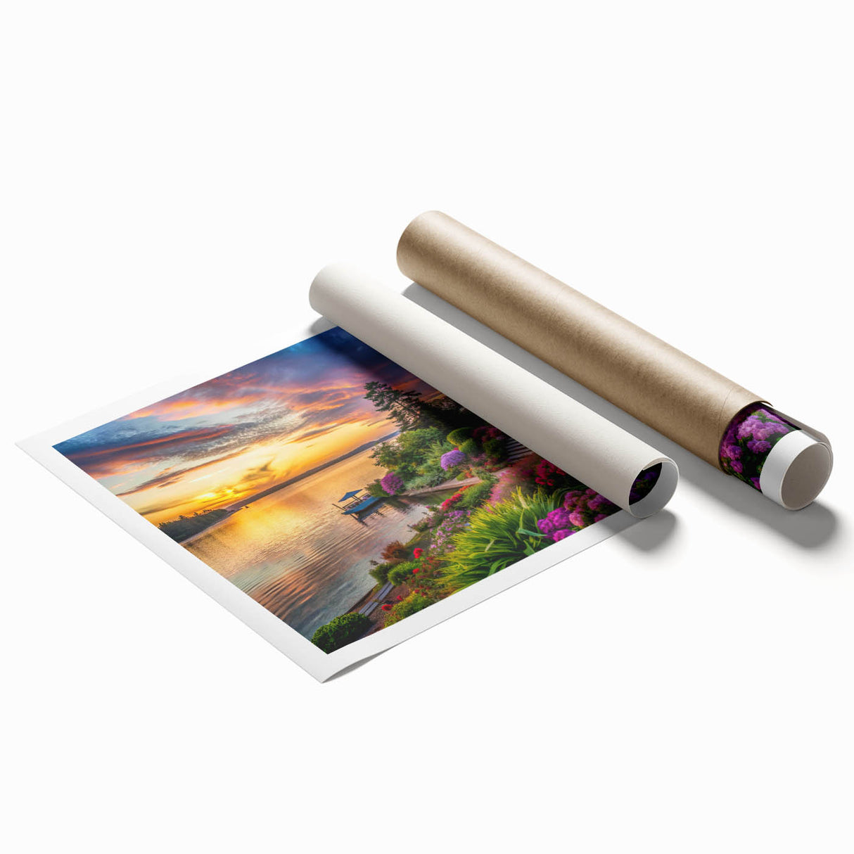 Vibrant landscape wall art print featuring a serene garden design with lush greenery and colorful flowers, rolled for easy display and shipping. Perfect for home decor.