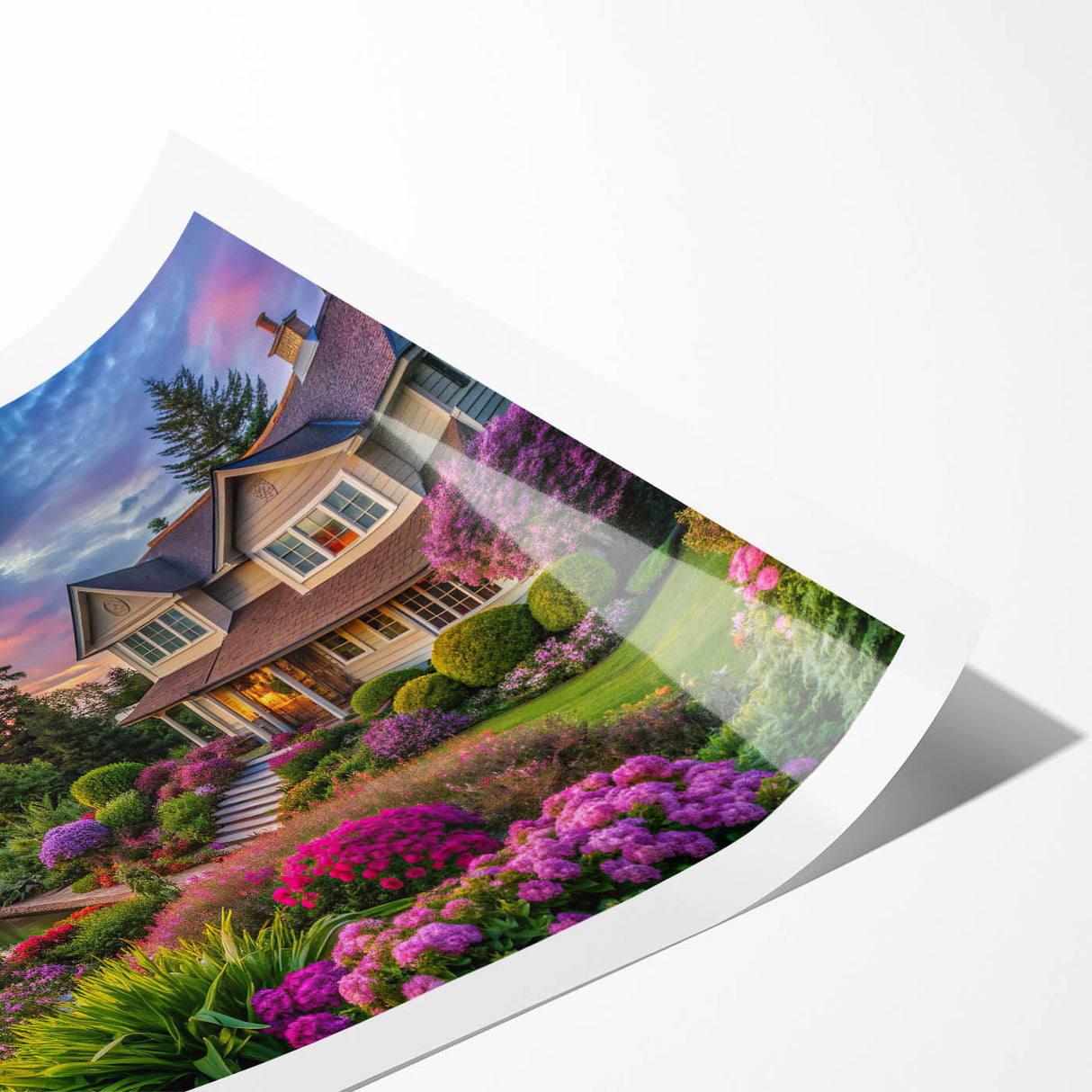 Vibrant rolled wall art print showcasing a serene landscape garden design, featuring lush greenery and soft pastel colors, ideal for home decoration.