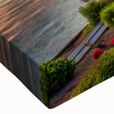 Close-up of a vibrant stretched canvas featuring a colorful landscape garden design, showcasing intricate details and textures ideal for home decor enhancement.
