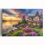Stretched canvas artwork showcasing a vibrant landscape garden design, featuring lush greenery and colorful flowers, ideal for home decor enhancement.