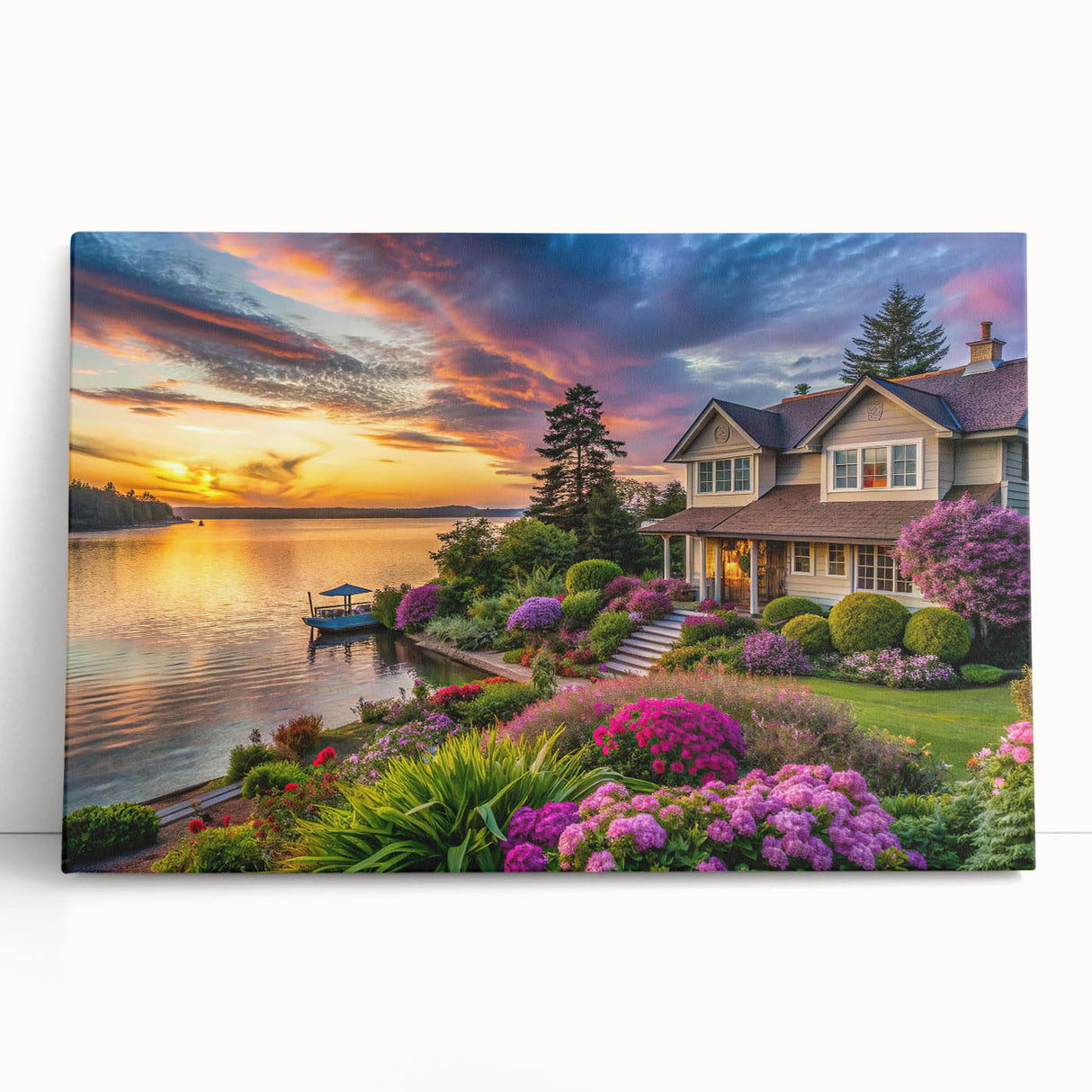 Stretched canvas artwork showcasing a vibrant garden landscape design, featuring lush greenery and colorful flowers, perfect for home decor and enhancing living spaces.