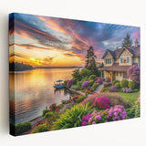 Stretched canvas wall art showcasing a vibrant landscape garden design, featuring lush greenery and colorful flowers, ideal for home decor and nature enthusiasts.