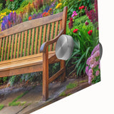 Close-up of a vibrant acrylic glass wall art piece showcasing a serene landscape garden design, highlighting lush greens and tranquil water features, ideal for enhancing home decor.