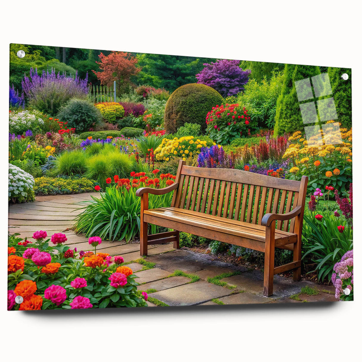 Acrylic glass wall art collection featuring vibrant landscape and garden designs, displayed in a side view with decorative pins against a neutral background.