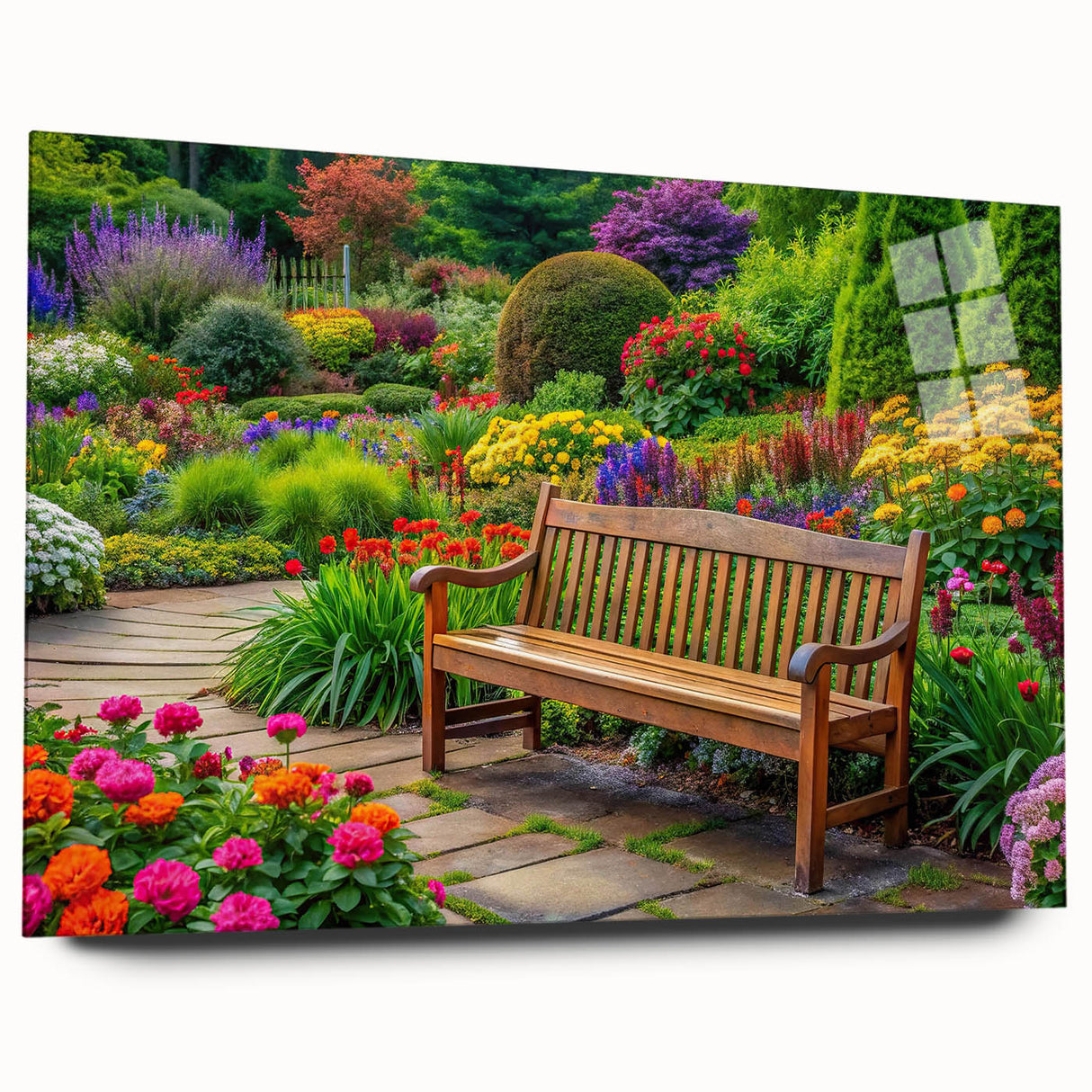 Acrylic glass wall art showcasing a vibrant landscape garden design, featuring lush greenery and colorful flowers, elegantly displayed from a side view without pins.