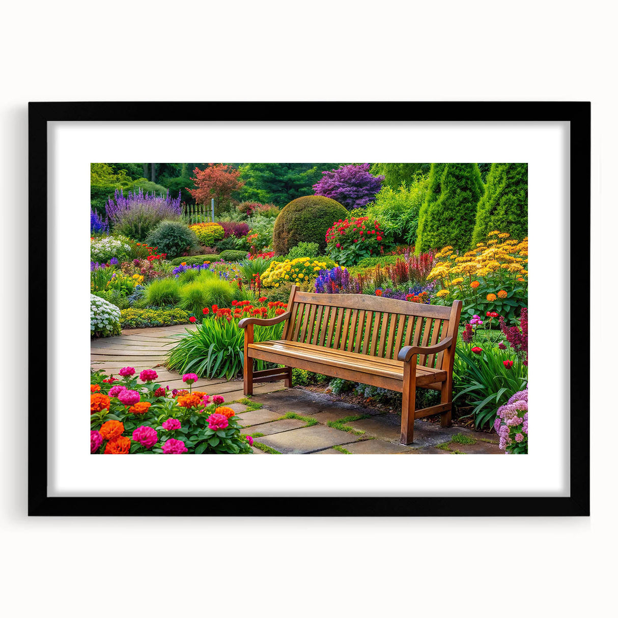 Framed wall art featuring a modern landscape garden design in a sleek black frame with a white mat, perfect for enhancing home decor aesthetics.