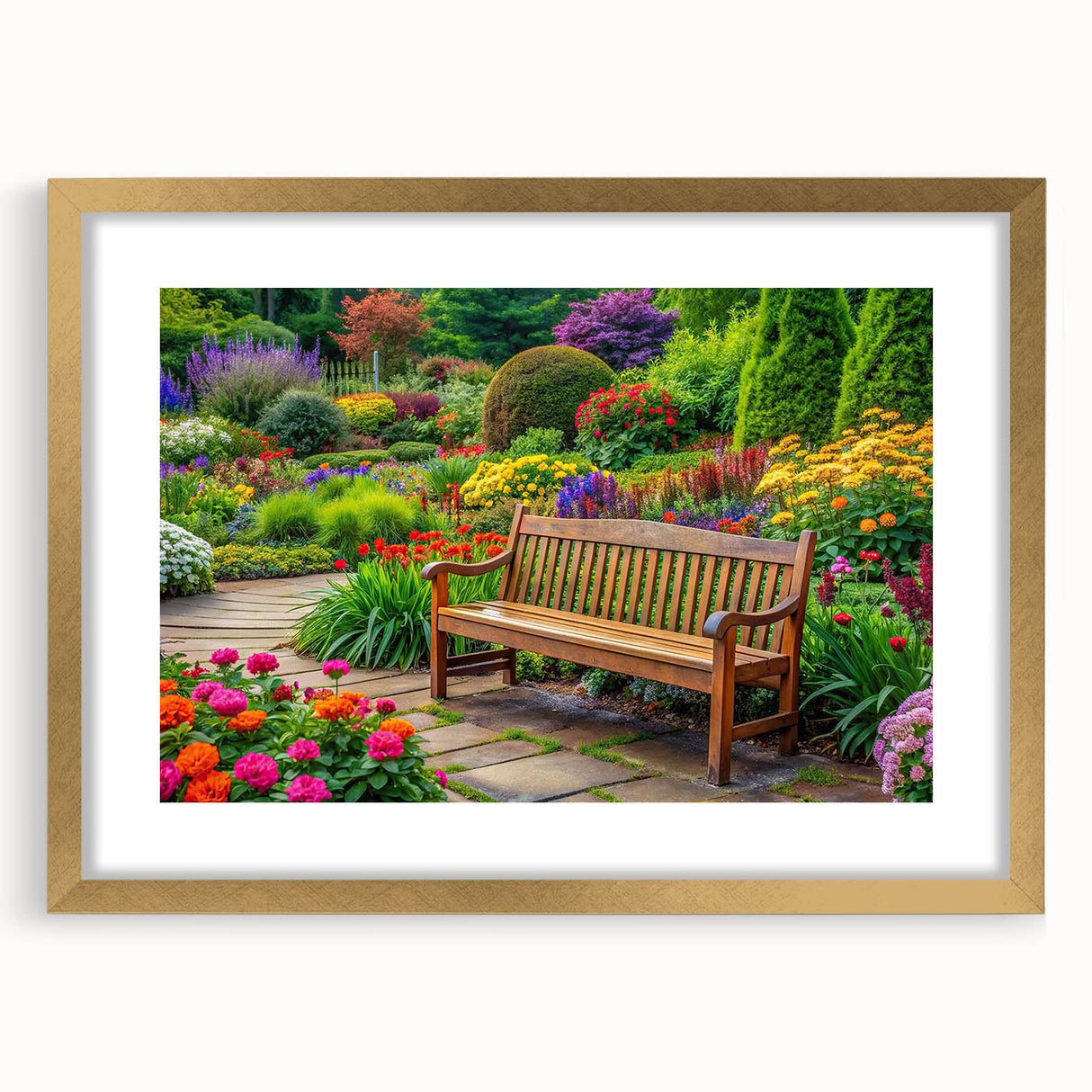 Framed wall art collection featuring a vibrant landscape and garden design with a gold mat, perfect for home decor, showcasing elegant artistic details.