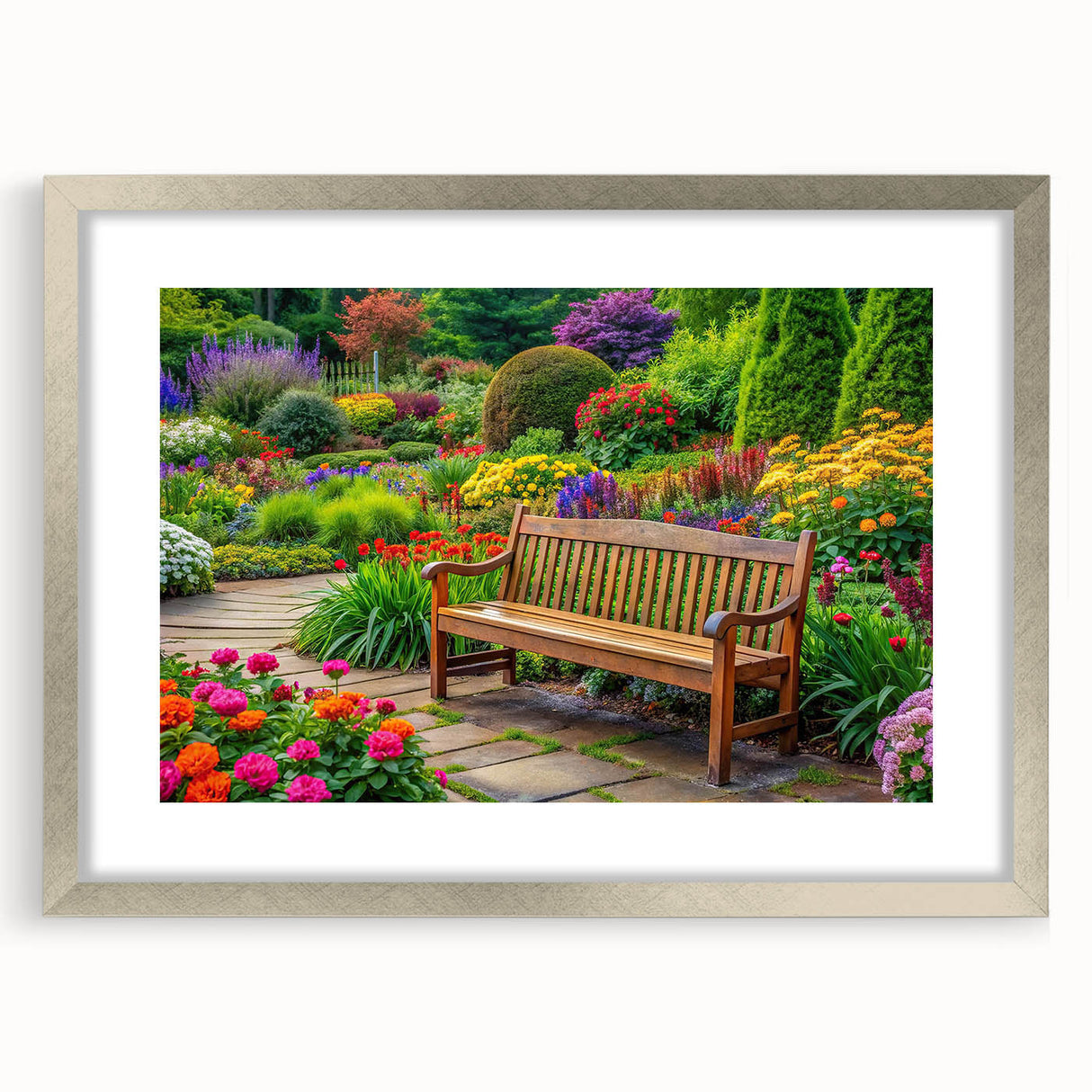 Elegant silver-framed wall art featuring a serene garden landscape design, showcasing vibrant colors and intricate details, ideal for home decor enhancement.