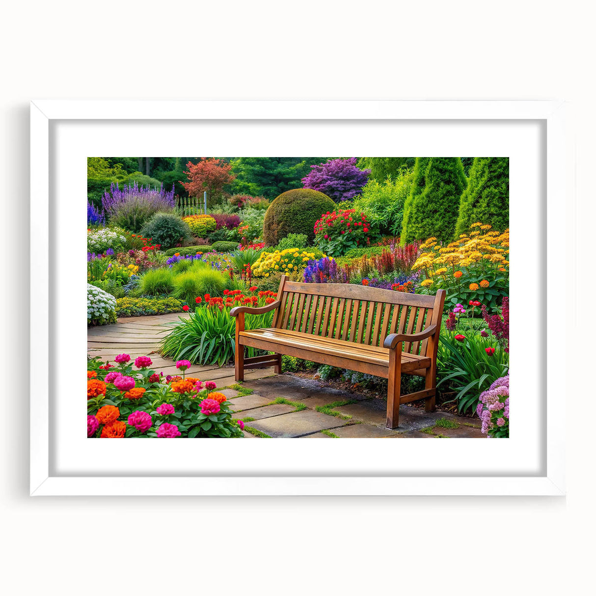 Framed wall art showcasing a serene landscape design featuring lush greenery and vibrant flowers, set in a sleek white frame with a mat, ideal for home decor.