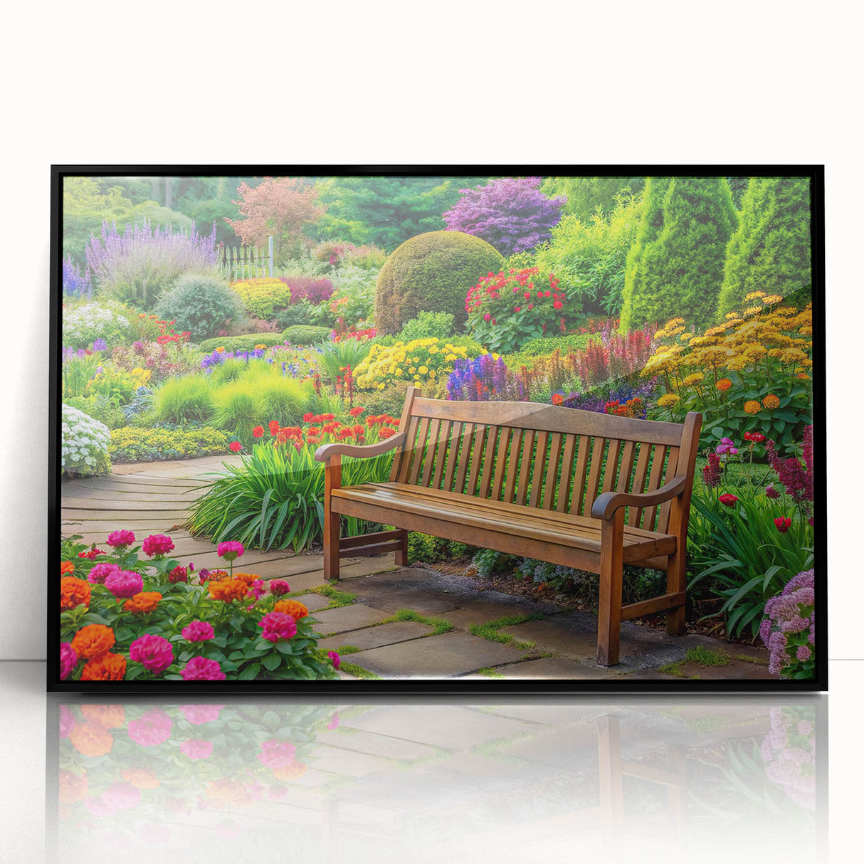 Framed acrylic wall art showcasing a vibrant landscape and garden design, featuring a sleek black frame for a modern aesthetic, ideal for home decor.