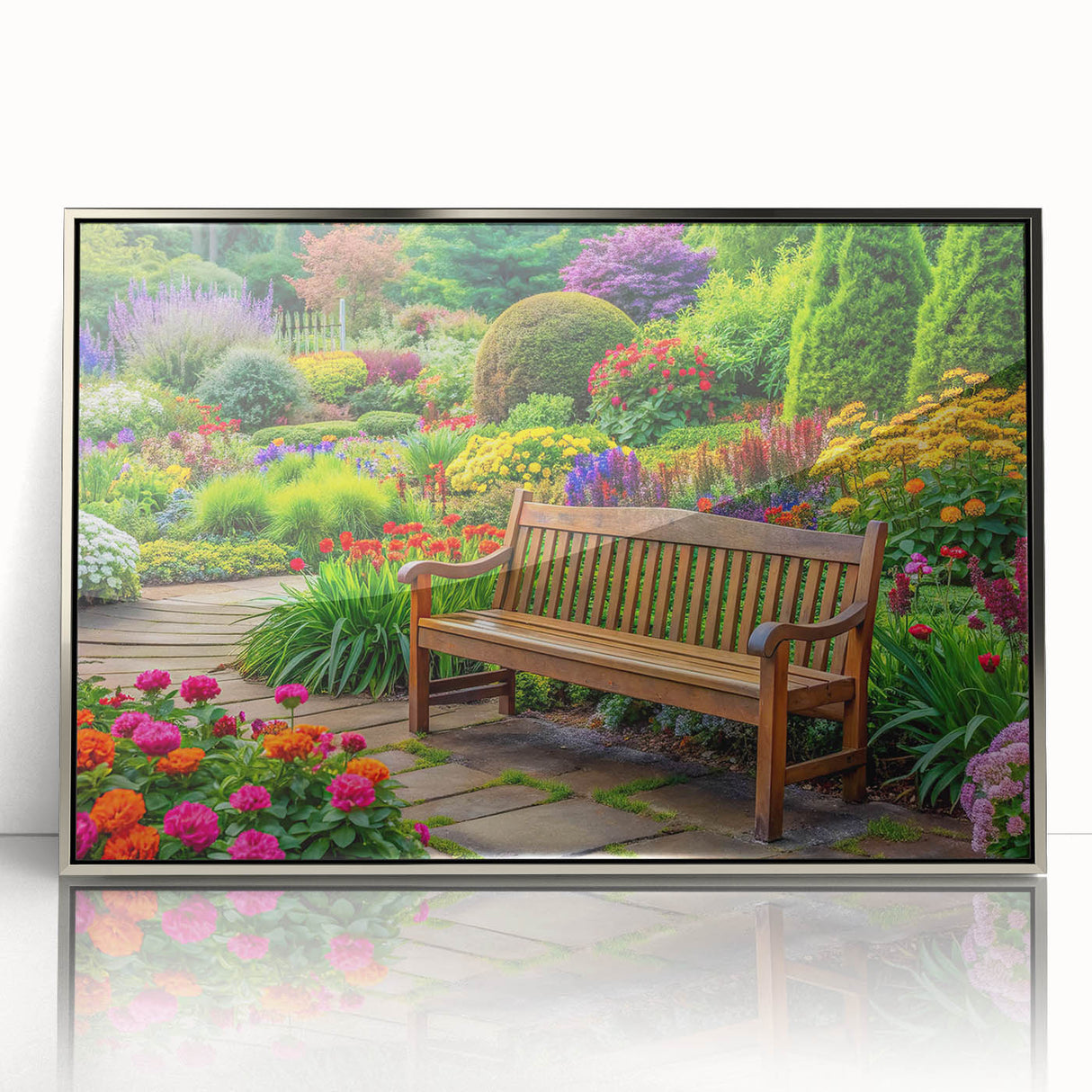 Framed wall art collection showcasing a stunning landscape garden design with vibrant colors and intricate details, featuring a sleek silver frame for a modern touch.