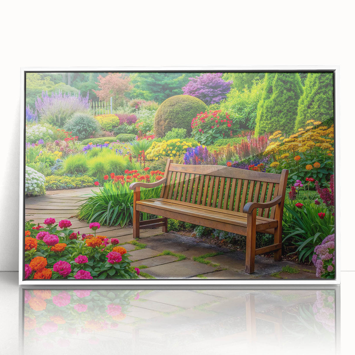 Framed wall art collection showcasing a vibrant landscapes and gardens design, featuring a white frame that enhances the colorful acrylic print. Ideal for home decor.