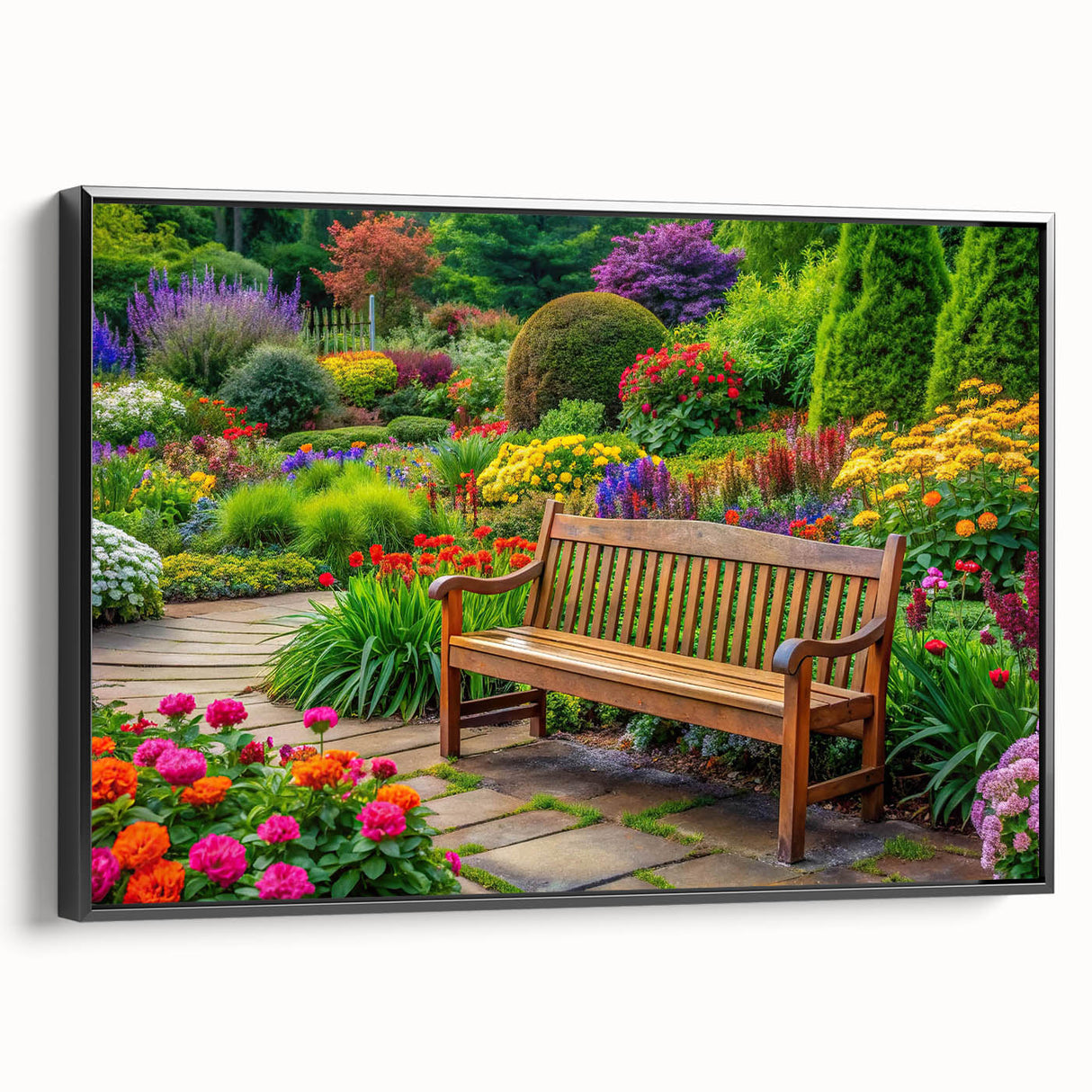 Framed wall art featuring a serene landscape garden design with vibrant colors, displayed from a black side view, ideal for home decor. Perfect for enhancing interior aesthetics.
